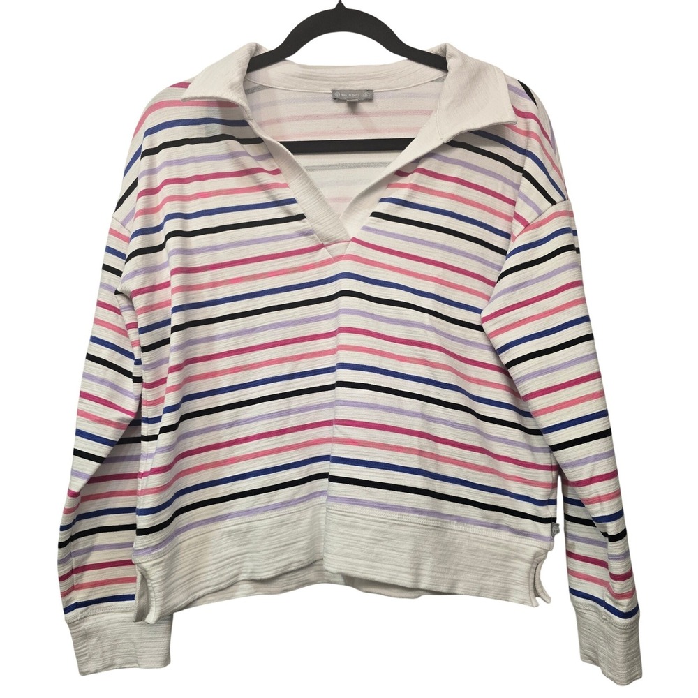 T by Talbots UPF 50+ Striped Collared Pullover Top Womens S Coastal Preppy Chic